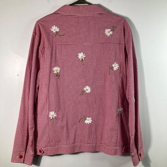 Womens Gingham Daisy‎ Button Jacket L Red White Long Sleeve Pockets - Picture 7 of 9